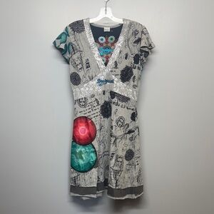Desigual Gray Dress with Teal and Red Circle Accents